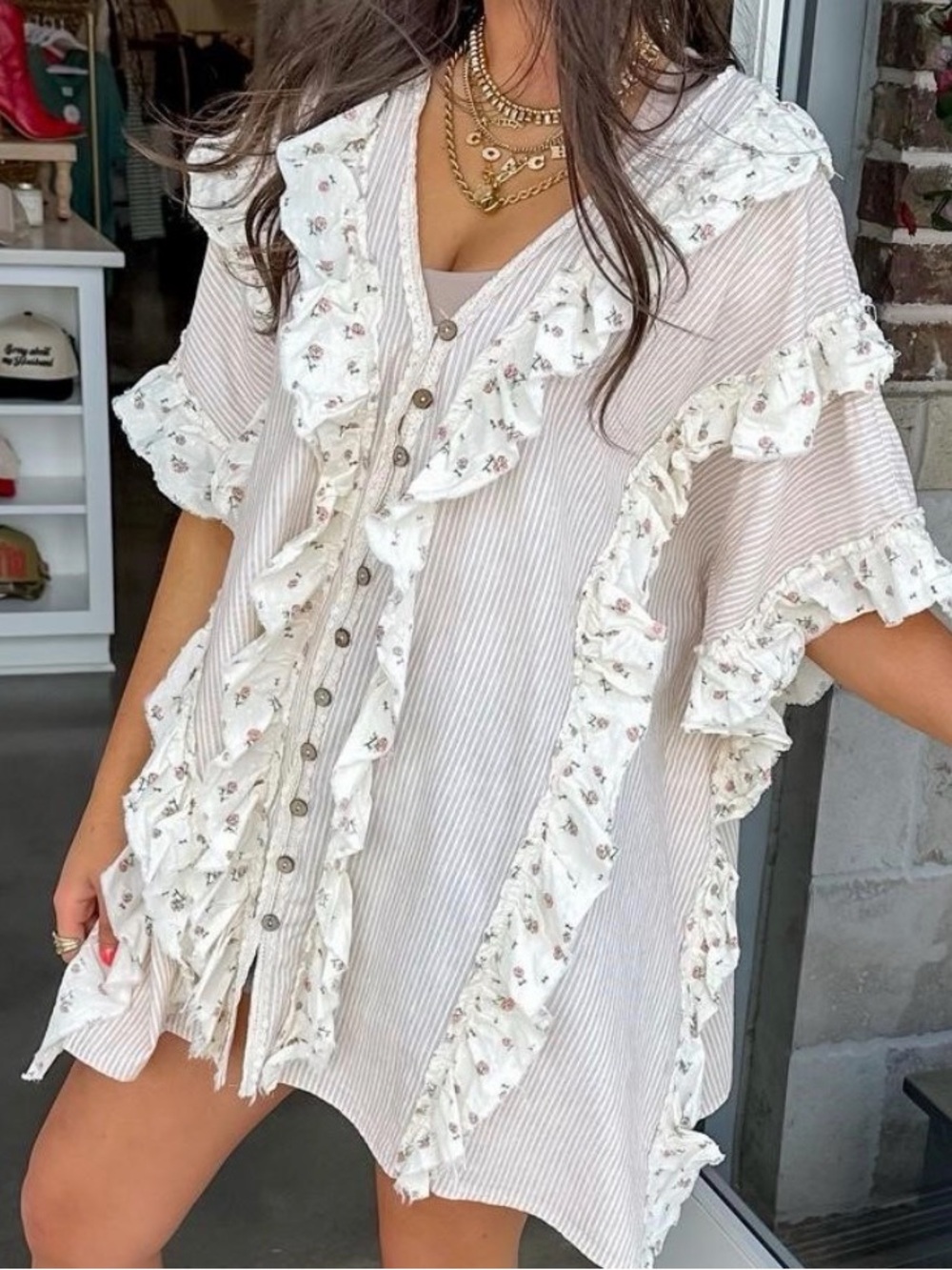 Oli & Hali Cream Floral Ruffle Button-Front Tunic